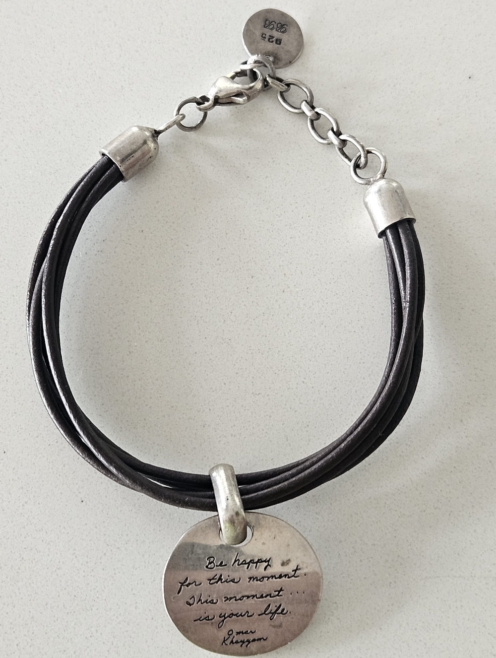 BB BECKER Sterling 925 Inspirational Quote Leather Cord Bracelet Brown & Silver